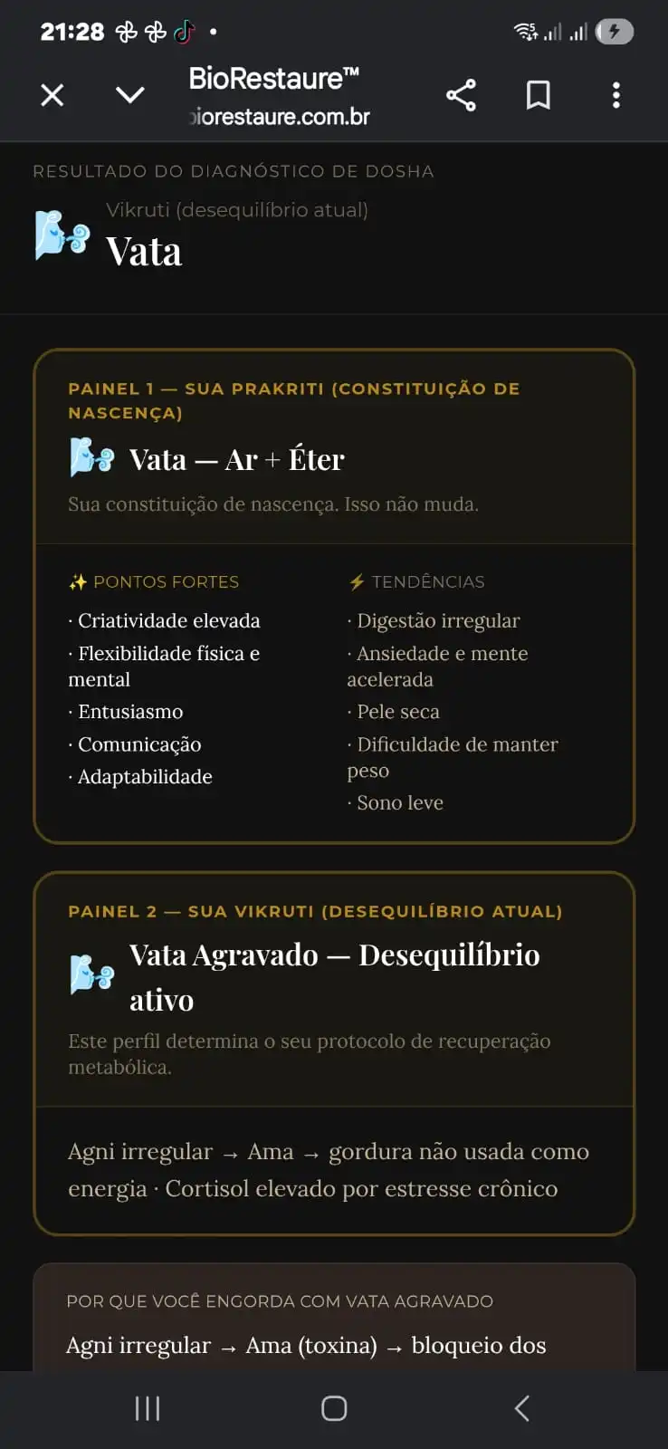 Tela de resultado do diagnóstico BioRestaure